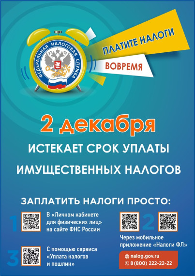 Напоминаем, что имущественные налоги необходимо оплатить не позднее 2 декабря 2024 года.. Напоминаем, что имущественные налоги необходимо оплатить не позднее 2 декабря 2024 года..